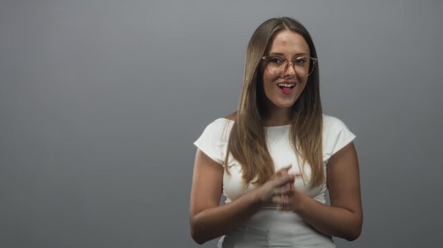 Woman with hands clasped and mouth open, eyes wide in a studio with grey backdrop showing pleading and surprise; surprise joy gratitude.