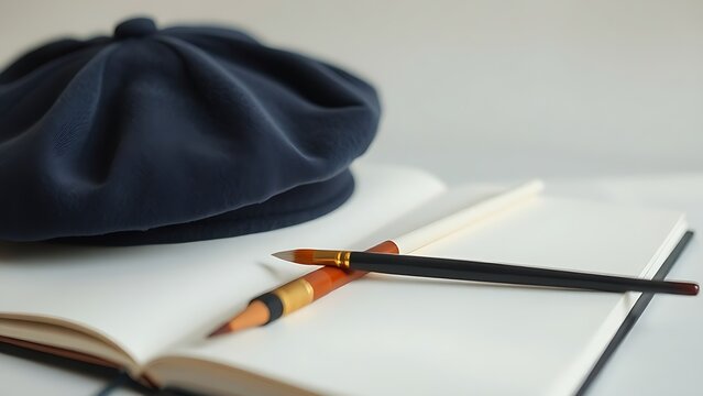 Classic beret and paintbrush resting on an open sketchbook in soft light.