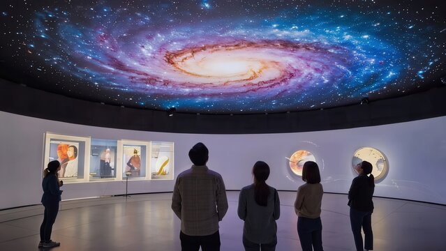 Diverse group of adults gazing at a stunning galaxy projection on the ceiling of a modern exhibition space, surrounded by art displays and planetary models