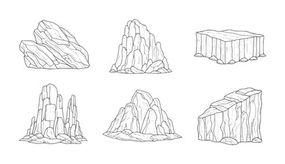 Six black and white line of various rock formations stone geological natural © Musfiqur