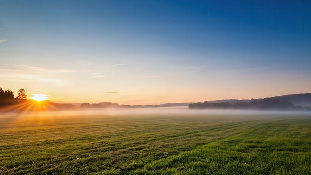 Sunrise over a calm open field with soft fog lifting, showcasing vibrant sunlight breaking through clouds and illuminating lush green grass in a serene landscape
