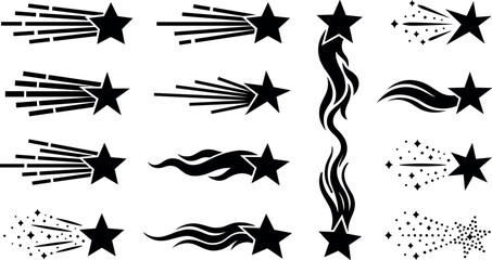 Shooting stars icon set featuring comet trail silhouettes falling star symbols and magic stardust vector illustrations isolated on white background. © MdShakib