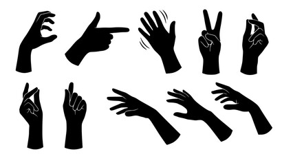 Fototapeta premium Dynamic hand gesture silhouettes vector illustration human sign collage isolated on white