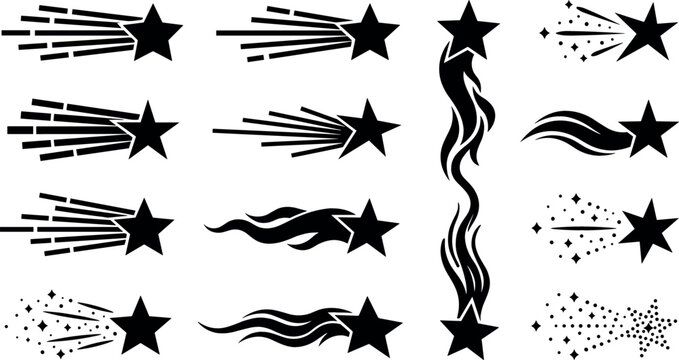 Shooting stars icon set featuring comet trail silhouettes falling star symbols and magic stardust vector illustrations isolated on white background.