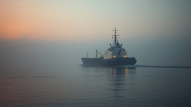 Tugboat towing a cargo ship through a calm, foggy harbor at dawn.