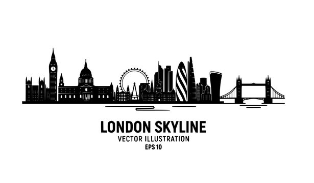 Panoramic London skyline silhouette with famous landmarks vector