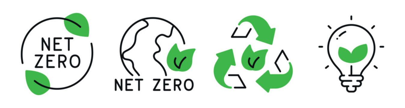 Net zero and recycling icons indicating sustainability and green energy. Editable stroke