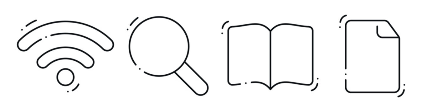 Wireless signal search and document icons on white background. Editable stroke