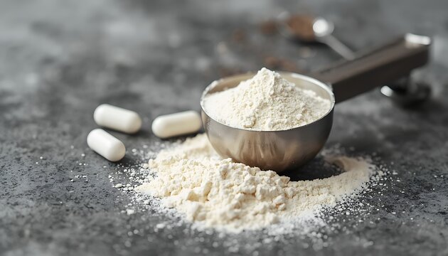 A small metal scoop filled with white powder next to capsules on a dark textured surface suggests a supplement preparation scene