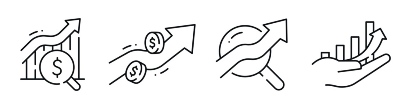 Financial growth icons showing rising revenue and investment arrows. Editable stroke