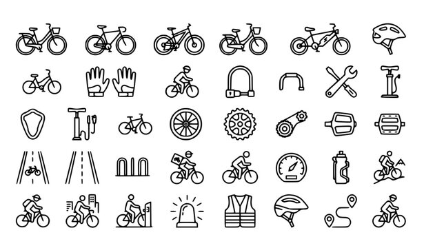 Bicycle and cycling line icon set with commuter and recreational riding vector collection
