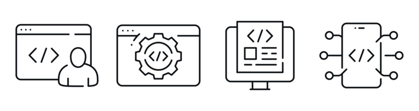 Developer interface icons showing coding tools and app integration. Editable stroke