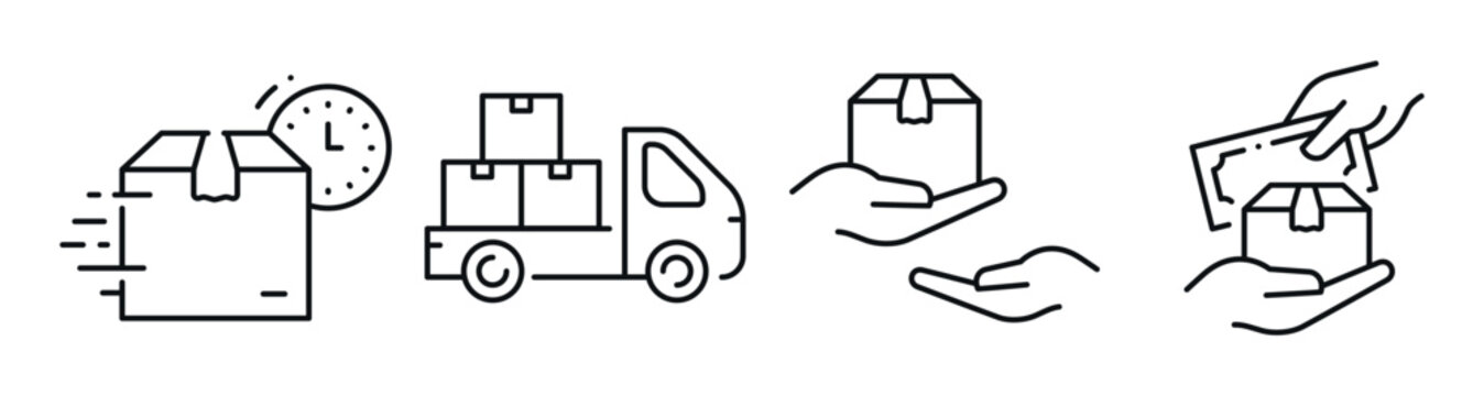 Package delivery icons depicting transport and handoff actions. Editable stroke