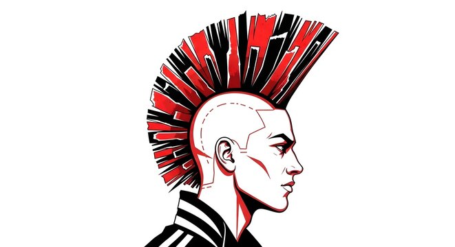 Striking graphic illustration of a young person with a bold red and black mohawk haircut, embodying a rebellious and alternative counter-culture style