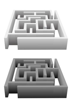 Two grey mazes are stacked offset, showing complexity, challenges, and design.