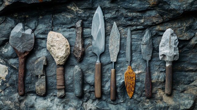 Collection of ancient stone tools and blades arranged on a dark rock background.