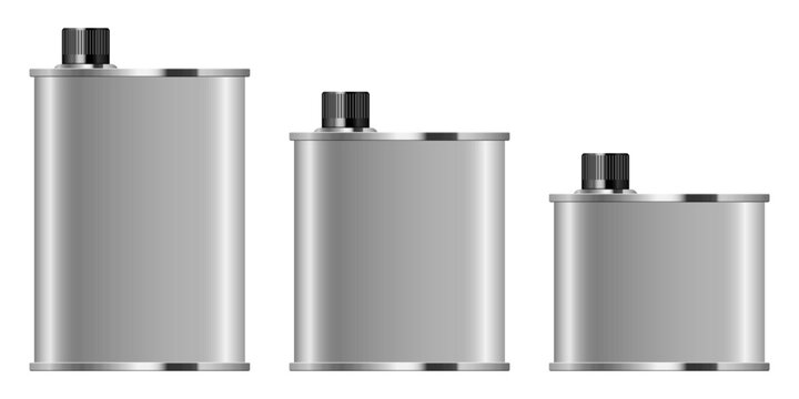 A set of three different sized silver metal cans with black lids on white.