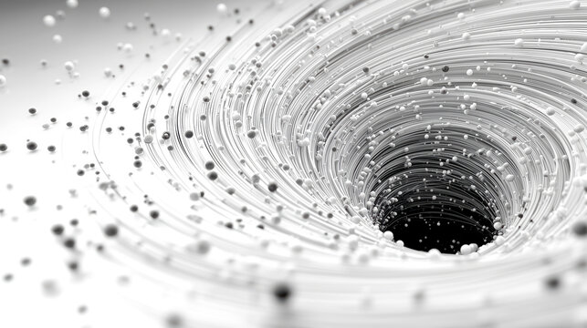 Dynamic abstract vortex whirlpool made of fine white digital lines and data points, pulling inward, creating sense of motion and depth