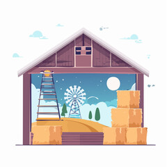 Obraz premium Farm Barn with Hay Bales and Windmill Scene