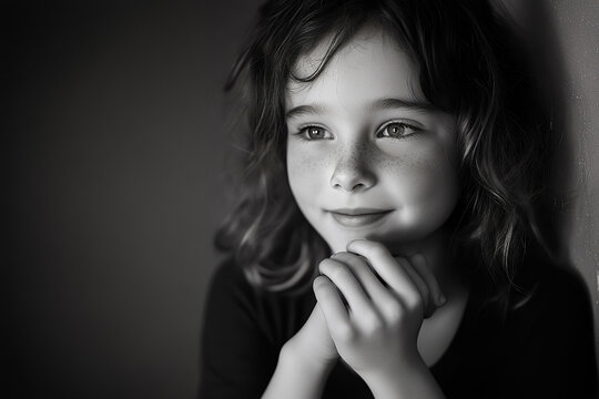 A thoughtful young girl with freckles gazes softly, hands clasped, captured in black and white