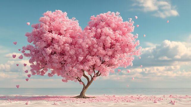 Cherry tree with bright pink heart shaped flowers blooms beautifully against serene sky, creating romantic and whimsical atmosphere
