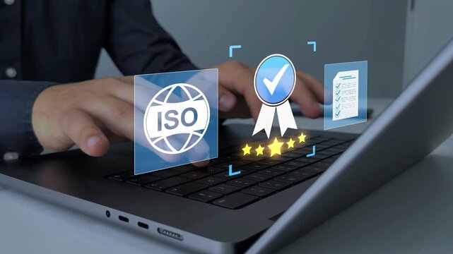 Quality assurance and premium business certification concept with checkmark badge, validation process and five star rating on digital interface. Professional service and trusted standards.