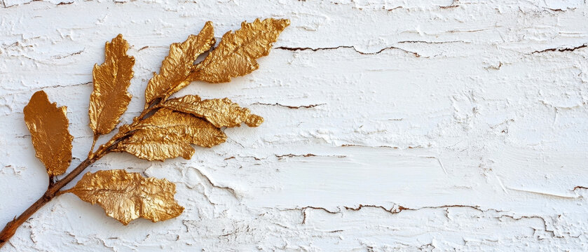Gold-painted leaves branch on white textured background. Horizontal banner with copy space for text, poster, free space