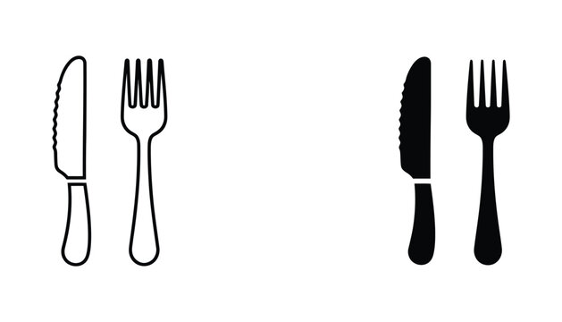 Knife and fork cutlery icon set showing standard tableware in outline and solid black graphic design for restaurant and dining industry branding isolated on white background