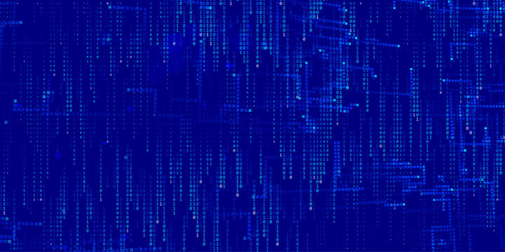  Blue binary code rain background, abstract digital data stream matrix for cyber security, programming, big data analytics and technology design