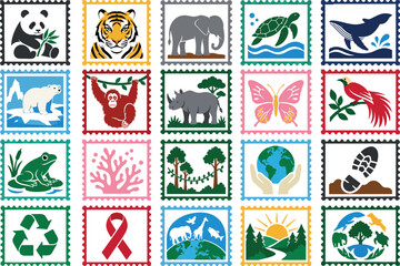 Fototapeta premium Endangered Species Day Wildlife Conservation Stamp Icons