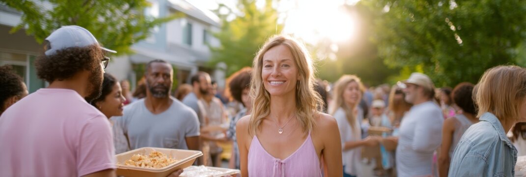 Smiling woman at neighborhood block party holding a serving tray with a happy crowd for community event poster and outdoor gathering background