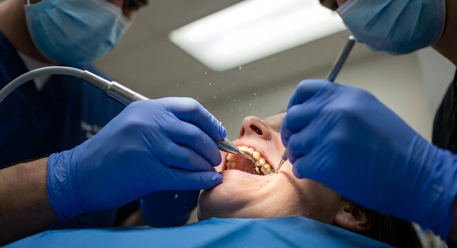 Dentist using ultrasonic scaler for deep teeth cleaning