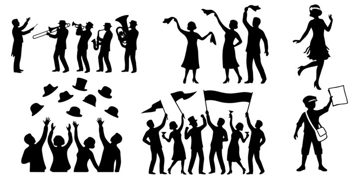 Vintage celebration black silhouette scene set with brass band, flapper dancer, hat toss, flag wavers, cocktail crowd and newsboy isolated on transparent background