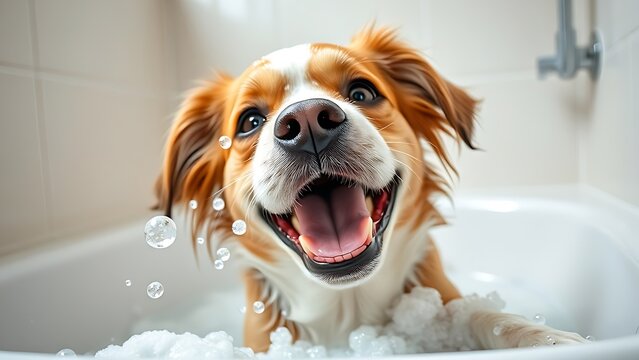 A playful dog enjoys bath time surrounded by bubbles and suds, showing a happy expression in a clean bathroom.