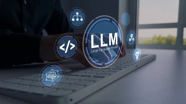 Large language model(LLM) with AI technology.User working on laptop in LLM,Data performrange language tasks,answering questions, summarizing information, translating languages, writing code.