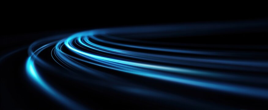 A swirling sea of glowing blue lines dances in a sleek technology background.