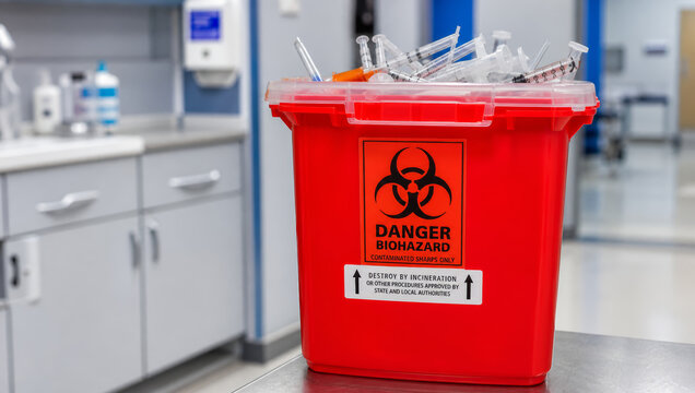Serious medical waste storage bin holding used plastic syringe items requires cautious handling inside bright clinic environment