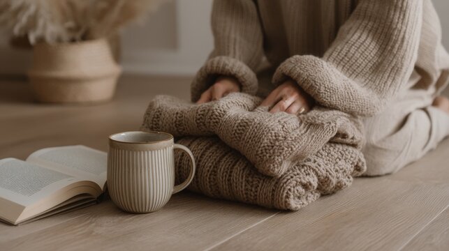 A person with long brown hair wearing a cozy beige sweater folds soft, secondhand sweaters on a wooden floor. A cup and books are nearby, emphasizing a sustainable lifestyle.