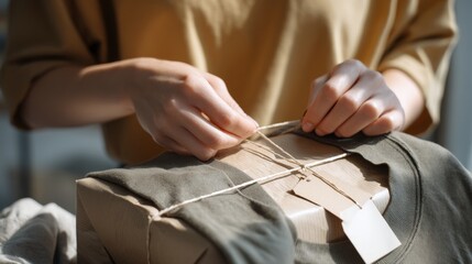 Fototapeta premium A young woman with long brown hair ties a tag to a neatly wrapped secondhand sweater. Boxes are visible in the background, emphasizing the concept of recommerce.