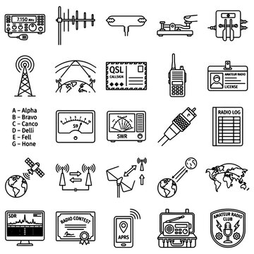 Amateur Radio Ham Radio Icons Set, Radio Communication Black White Line Art, HAM Symbols