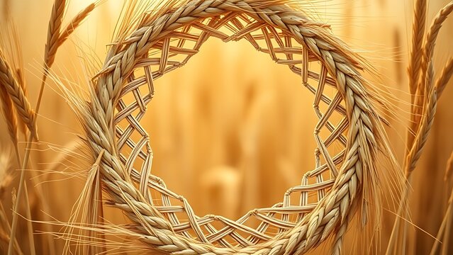 Interwoven wheat sheaves forming a circular pattern in golden harvest tones.