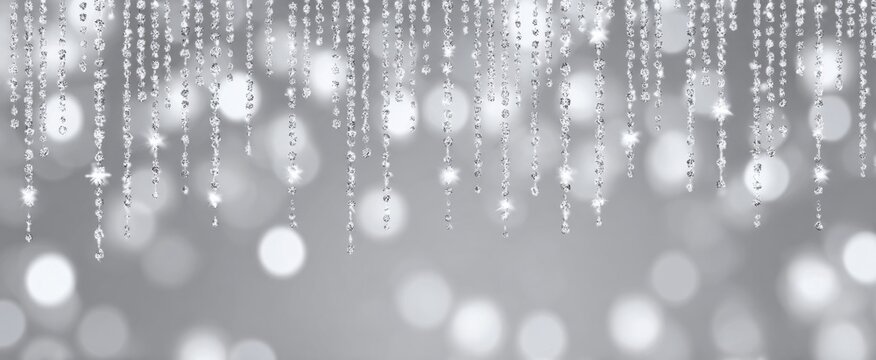 Silver shimmer confetti fall with hanging crystal threads for classy party invite and event banner