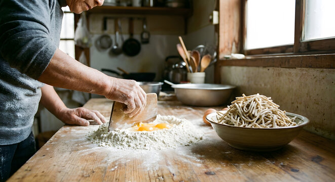 Hands preparing fresh noodle dough with eggs and flour