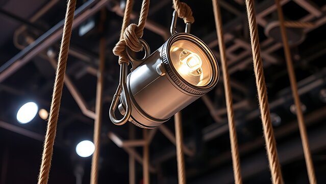 Close-up of a theatrical rigging system with ropes and pulleys.