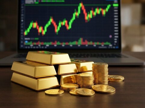 gold bar with gold coins with investment chart background, Financial Markets / Investment Analysis 