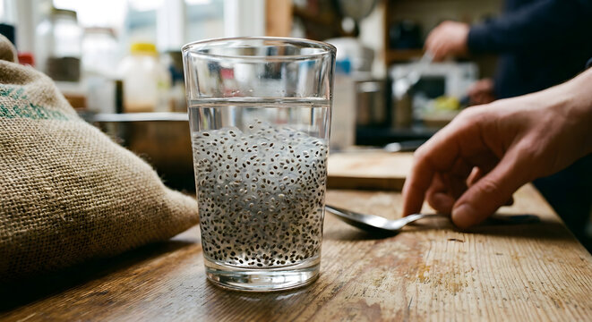 Close up of hydrated chia seeds soaking in a glass of water