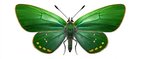 Fototapeta premium Isolated emerald butterfly gracefully soars evoking wonder with its vibrant translucent wings.