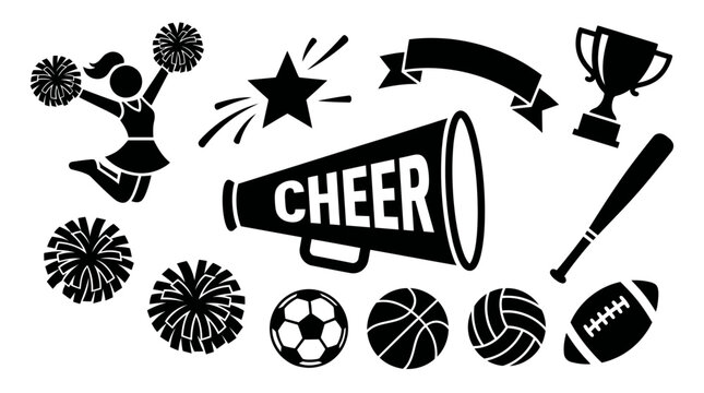 Black and white cheer megaphone with starburst and decorative on white