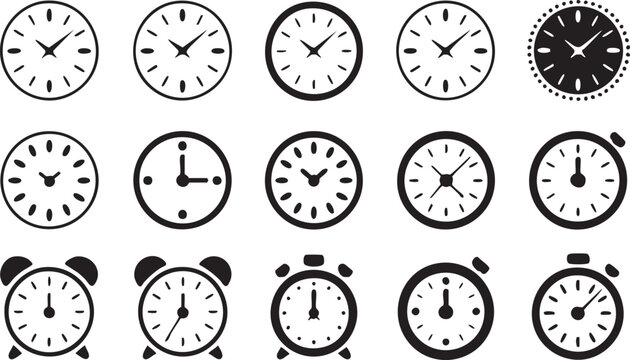 Collection of various clocks and alarm clocks in black and white minimalist style for time management and scheduling