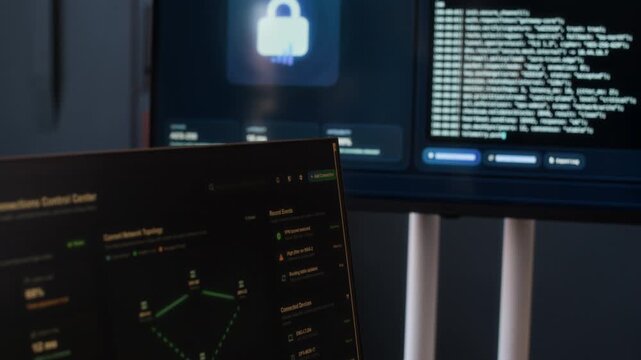 Handheld shot of screens with programming codes and cybersecurity monitoring systems in digital control center for data management